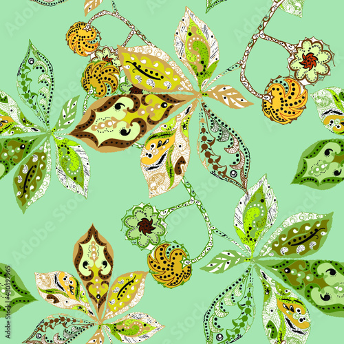 Vector branch tree with nut . Seamless pattern on a green background for fabric  decoration and design. 