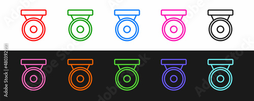 Set line Boxing gong icon isolated on black and white background. Boxing bell. Vector