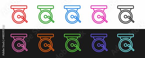 Set line Boxing gong icon isolated on black and white background. Boxing bell. Vector