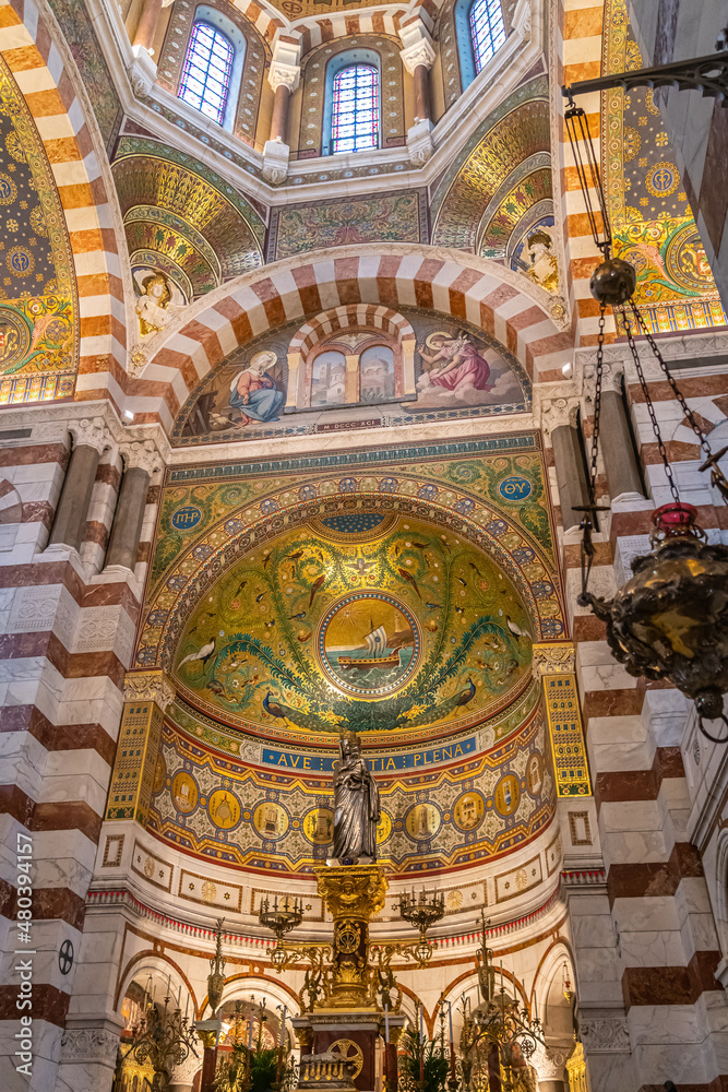 Interior View of Notre Dame de la Garde, a Byzantine architecture basilica in Marseille