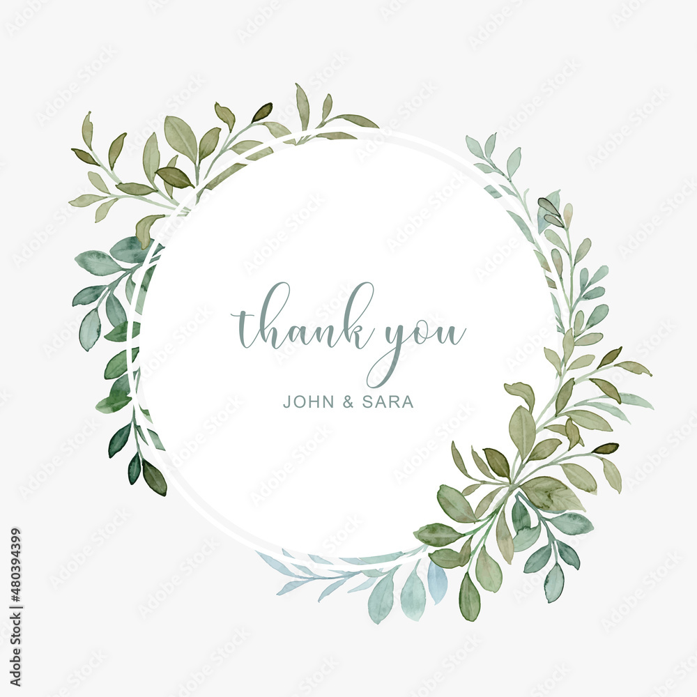Thank you card with green leaf frame watercolor