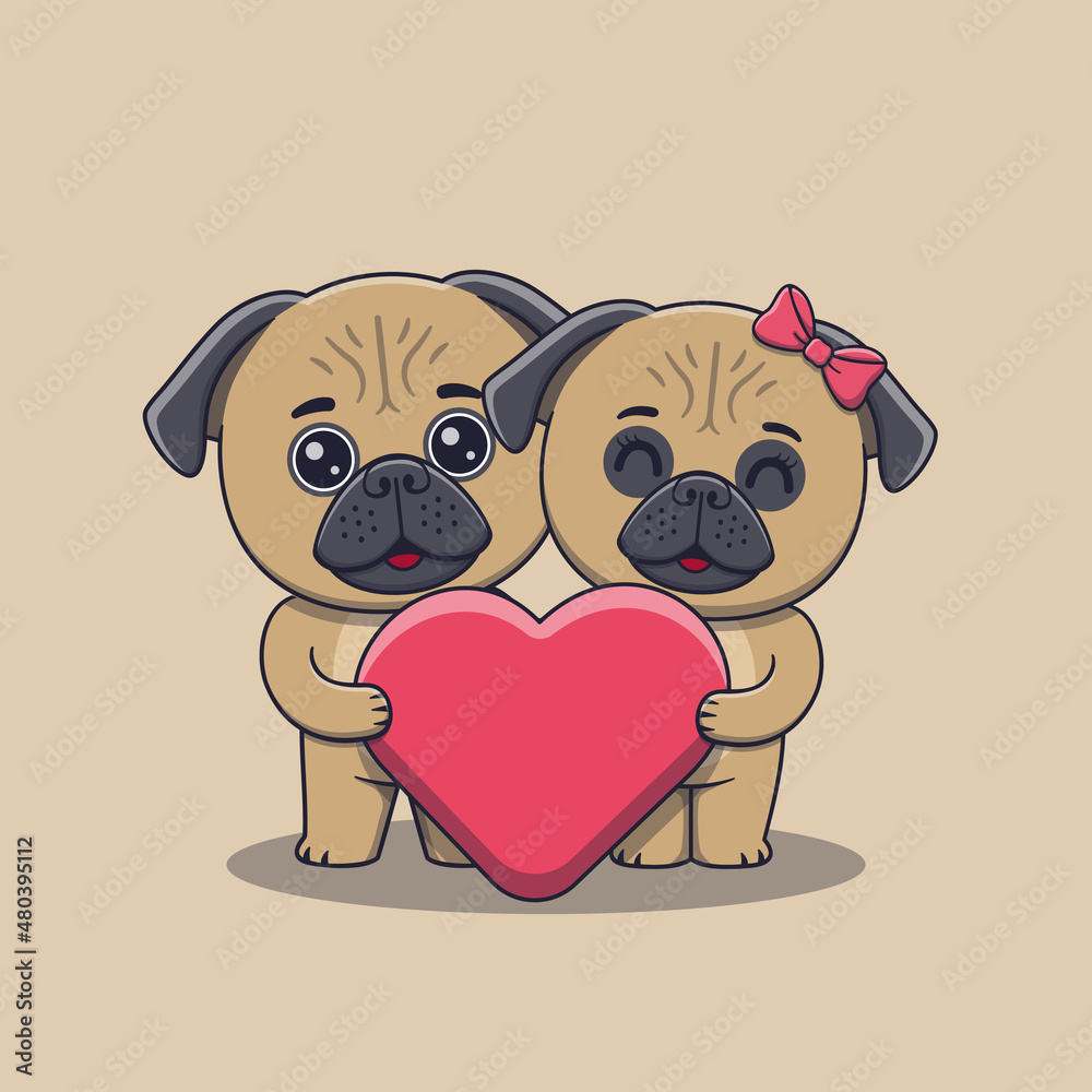 Cute Valentine's day pug dog couple holding a big heart love