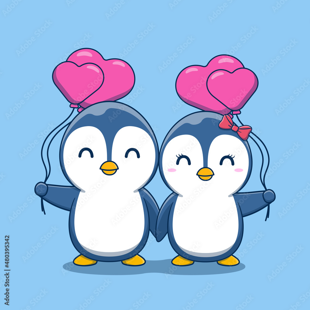 Fototapeta premium Cute Valentine's day penguin couple holding heart shaped balloons