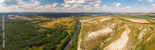 The Severskiy Donets river, surrounded by chalk rocks, a reserved territory near Svyatogorsk, Ukraine.