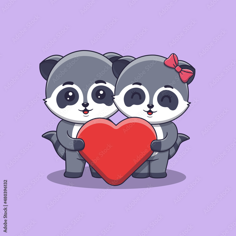Cute Valentine's day raccoon couple holding a big heart love