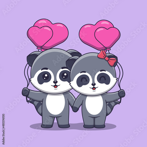 Cute Valentine s day raccoon couple holding heart shaped balloons