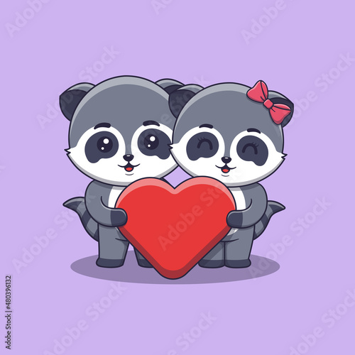 Cute Valentine s day raccoon couple holding a big heart love