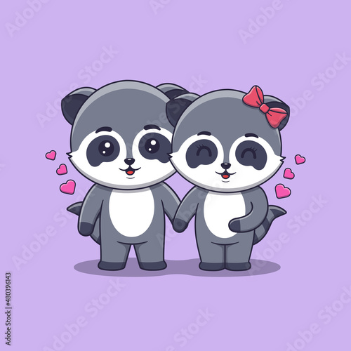 Cute Valentine s day raccoon couple holding hands