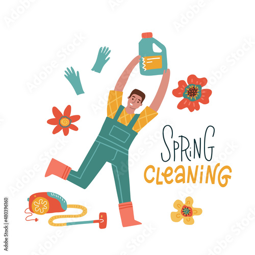 Man doing spring cleaning. Male cleaner with domestic supplies doing housework. Flat vector illustration for banner with lettering.