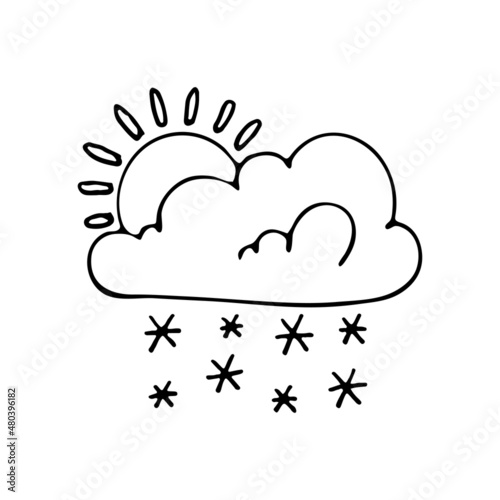 The weather is cloudy with sun and snow. Vector doodle cloud. Hand drawn meteorological forecast symbols. Cold season. Thin line web design icon.
