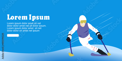 Ui design template with a faceless disabled man skiing in the snow on an abstract blue background. 