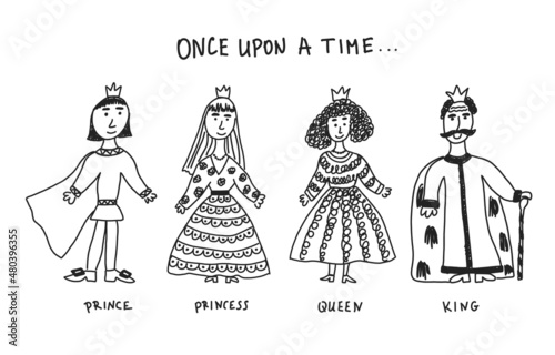 Princess, prince, queen and king doodle set. Royal family from fairy tale. Vector illustration made by child