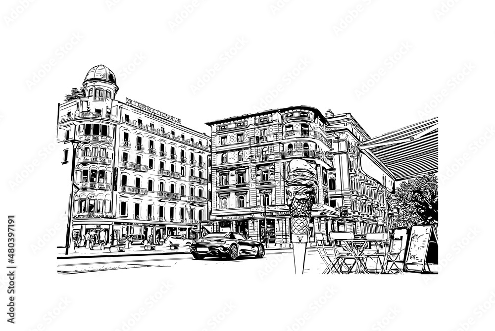 Building  view with landmark of Lugano is a city in southern Switzerland. Hand drawn sketch illustration in vector.