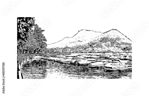 Building  view with landmark of Lugano is a city in southern Switzerland. Hand drawn sketch illustration in vector.