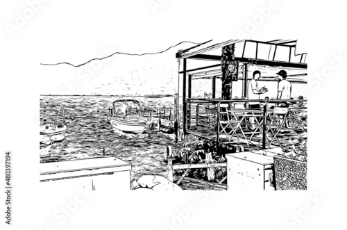 Building  view with landmark of Lugano is a city in southern Switzerland. Hand drawn sketch illustration in vector.