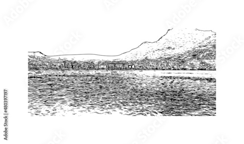 Building  view with landmark of Lugano is a city in southern Switzerland. Hand drawn sketch illustration in vector.