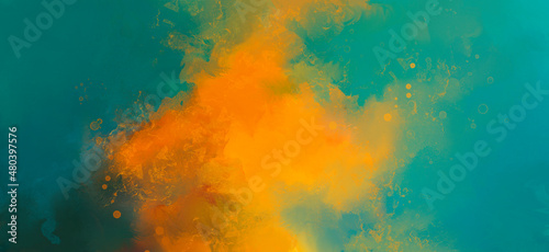 Fog drawing with watercolor splashes and stains on turquoise background © foldyart1980