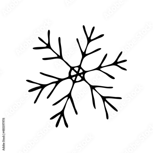 Vector doodle snowflake. The weather is snowy. Hand drawn meteorological forecast symbols. Winter ice crystal. Snowfall season. Web design thin line icon.