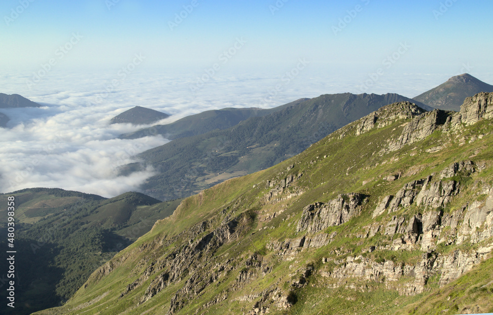 Fototapeta premium Mountainous part of Cantabria in the north of Spain, hiking route around Alto Campo mountain, summer