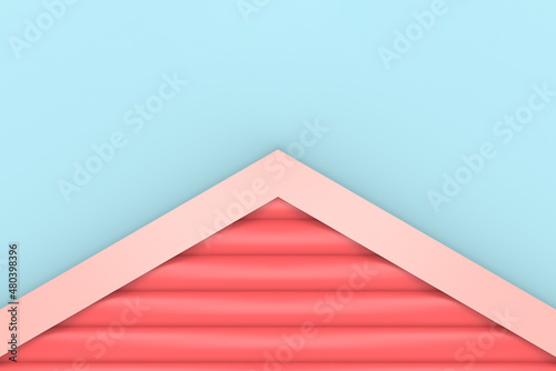 3d rendering. soft red pipe pattern gable facade wall on light blue sky background.