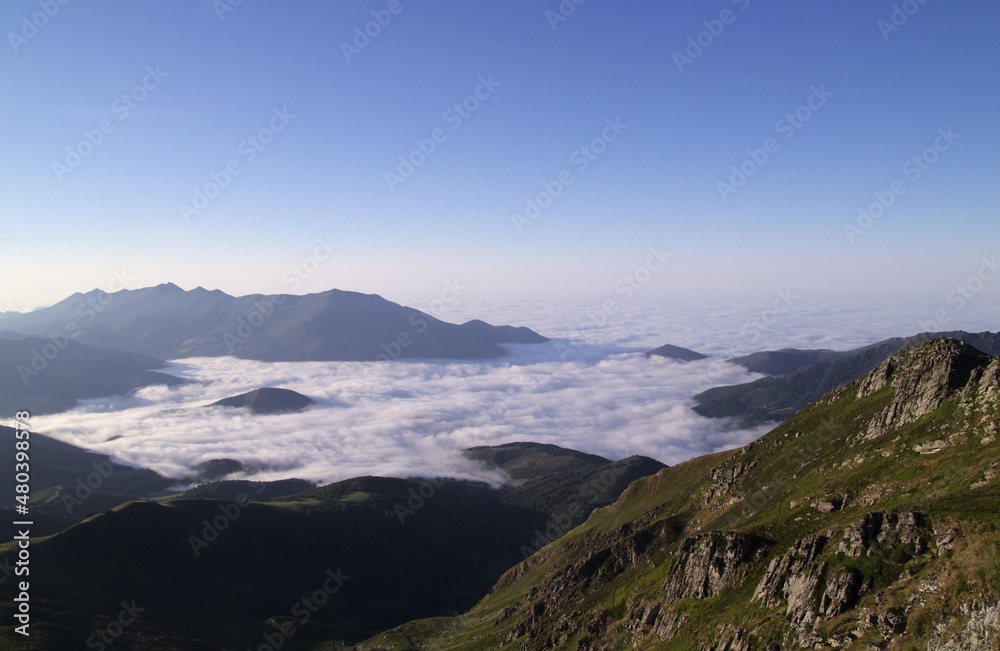 Mountainous part of Cantabria in the north of Spain, hiking route around Alto Campo mountain, summer
