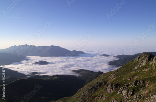 Mountainous part of Cantabria in the north of Spain, hiking route around Alto Campo mountain, summer 