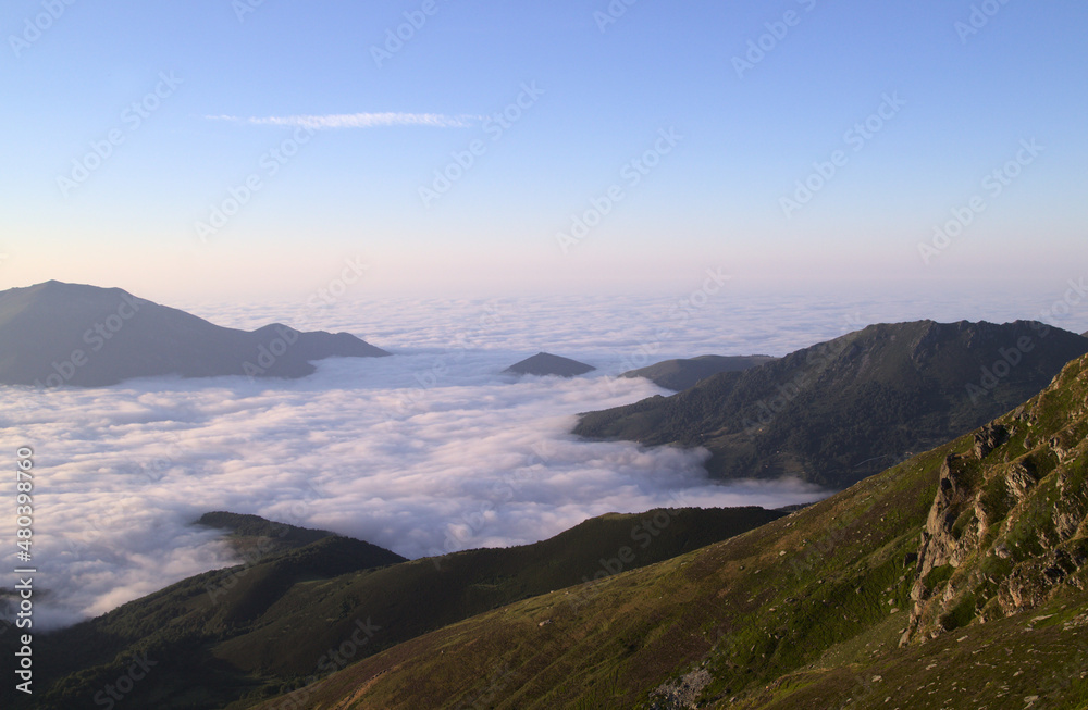Obraz premium Mountainous part of Cantabria in the north of Spain, hiking route around Alto Campo mountain, summer 