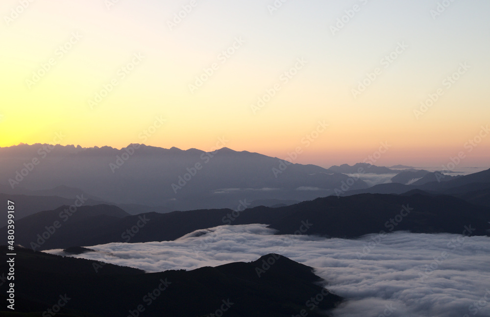 Mountainous part of Cantabria in the north of Spain, hiking route around Alto Campo mountain, summer
