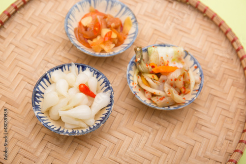 Vietnamese food for Tet holiday in spring, it is traditional food on lunar new year: pickled small leeks, carrot