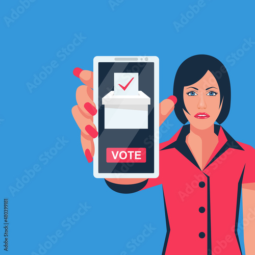 Online voting concept. Vector illustration flat design. Woman holds a smartphone in hand. Make your choice. Bulletin, puts in ballot box. Election vote. Politics poll.