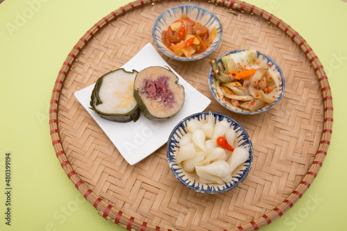 Vietnamese food for Tet holiday in spring, it is traditional food on lunar new year:  pickled small leeks, carrot