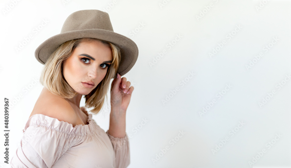 Woman in hat isolated with copy space Woman in hat isolated with copy space