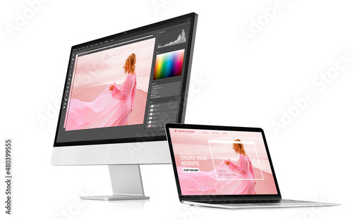 Modern desktop and laptop computers with sample software interfaces on the screen, isolated on white