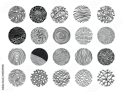 Set of hand-drawn patterns and textures in a circle. Collection of graphic design elements: swirl, squash, wavy stripe, abstract line, organic background. Vector illustration on white background.