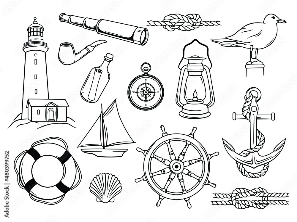 Set of stylized nautical. Collection of items of marine objects. Set of ...