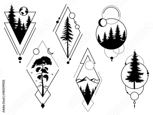 Set of silhouette tree. Collection of geometric silhouette of pine and fir tree. Wild nature. Camping logo. Woodland. Set of forest frame. Vector illustration of mystic woods on a white background.