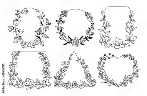 Set of floral frames. Collection of beautiful floral arrangements with spring branches. Botany. Wedding flowers frame. Vector illustration  for a decorative postcard.