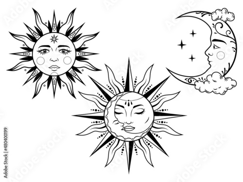 Set of mystic sun and moon. Collection of bohemian style vintage with face. Stylized symbol of tarot card. Mystical element. Tattoo. Wicca sun. Vector illustration on white background.