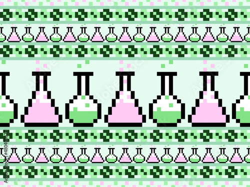 Test tube cartoon character seamless pattern on green background.Pixel style