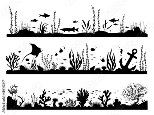 Set of fish and corals under the sea. Collection of the underwater world with marine inhabitants. Wall stickers. Vector illustration isolated on white background. Drawing with children.