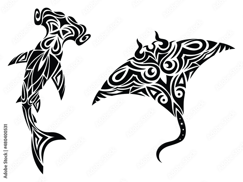 Set of tribal ocean shark abd manta ray. Collection of tropical hawaiian hammerhead shark and manta ray. Vector illustration on white background. - obrazy, fototapety, plakaty 