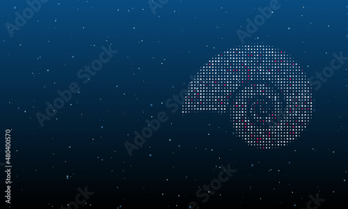 On the right is the marine nautilus symbol filled with white dots. Background pattern from dots and circles of different shades. Vector illustration on blue background with stars