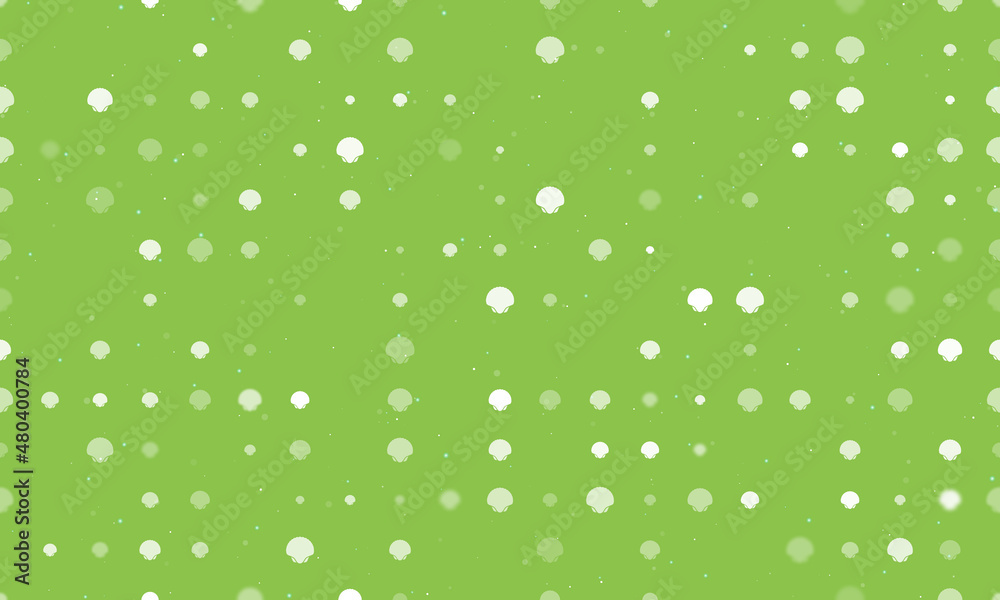 Seamless background pattern of evenly spaced white sea shell symbols of different sizes and opacity. Vector illustration on light green background with stars