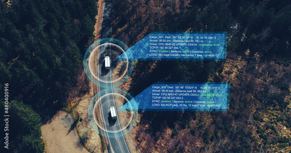 Autonomous Electric Van semi truck car driving on a highway with technology assistant tracking information, showing details. Visual effects clip