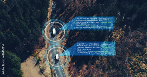 Obraz na płótnie Autonomous Electric Van semi truck car driving on a highway with technology assistant tracking information, showing details. Visual effects clip w salonie