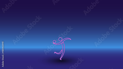 Neon handball symbol on a gradient blue background. The isolated symbol is located in the bottom center. Gradient blue with light blue skyline