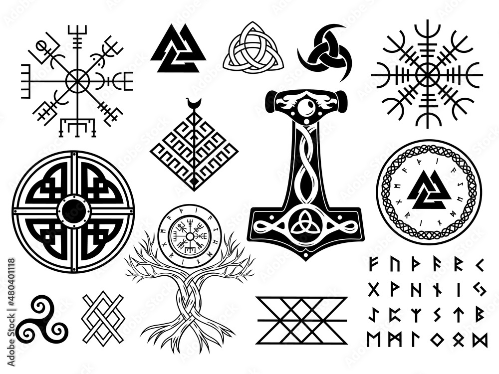Set of Viking symbols. Collection of scandinavian pagan norse sign vegvisir, celtic tree of life, hammer of Thor, etc. Magic warrior norse symbol. Vector illustration on white background.  - obrazy, fototapety, plakaty 