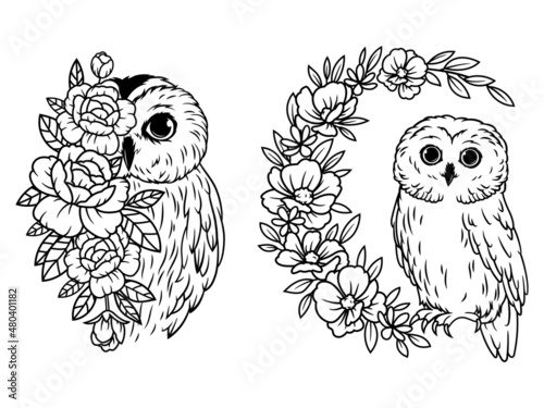 Set of owl with flower on a branch. Collection of night bird with flower wreath. Nocturnal predator. Bird with a floral wreath. The symbol of wisdom. Fauna.