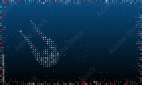 On the left is the solo bobsleigh symbol filled with white dots. Pointillism style. Abstract futuristic frame of dots and circles. Some dots is red. Vector illustration on blue background with stars