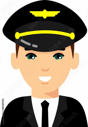 Aviation professions pilot captain avatar in Flat Style